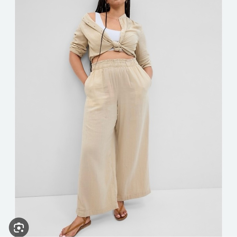 Gap Crinkle Gauze Wide Leg Pants 100% Cotton Small Tan Lightweight Lagenlook - Picture 3 of 11